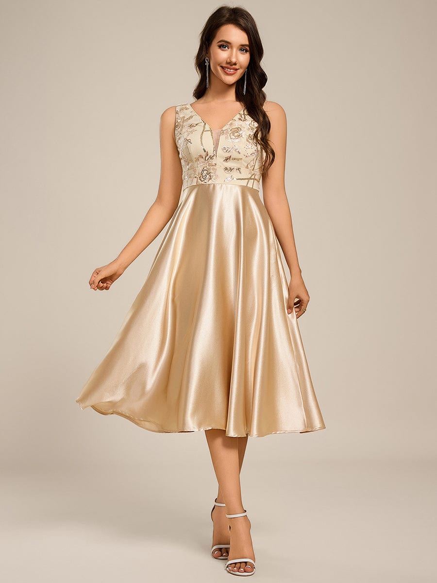 Sleeveles A-Line Midi Satin Wedding Guest Dress with Pockets #color_Champagne