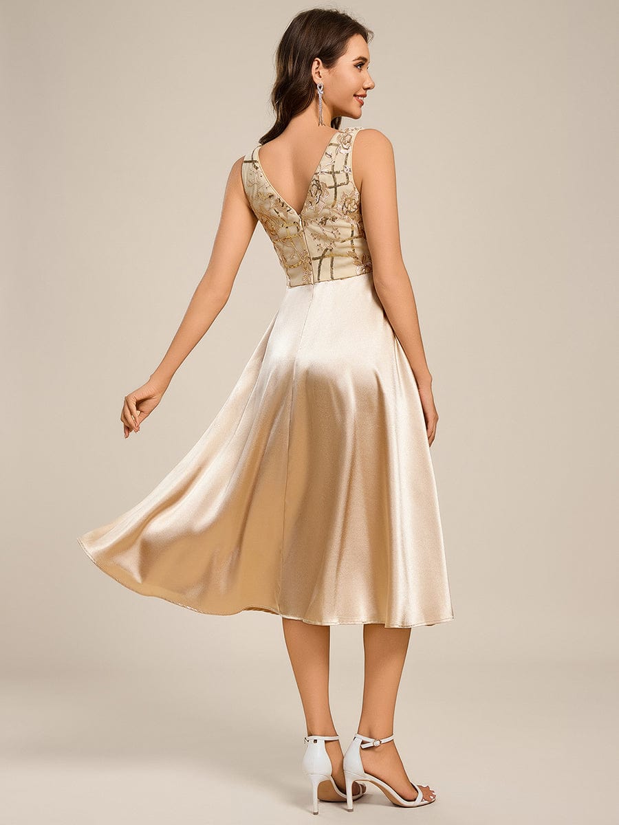 Sleeveles A-Line Midi Satin Wedding Guest Dress with Pockets #color_Champagne