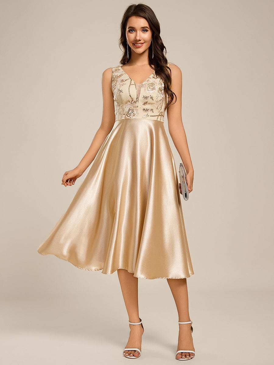 Sleeveles A-Line Midi Satin Wedding Guest Dress with Pockets #color_Champagne