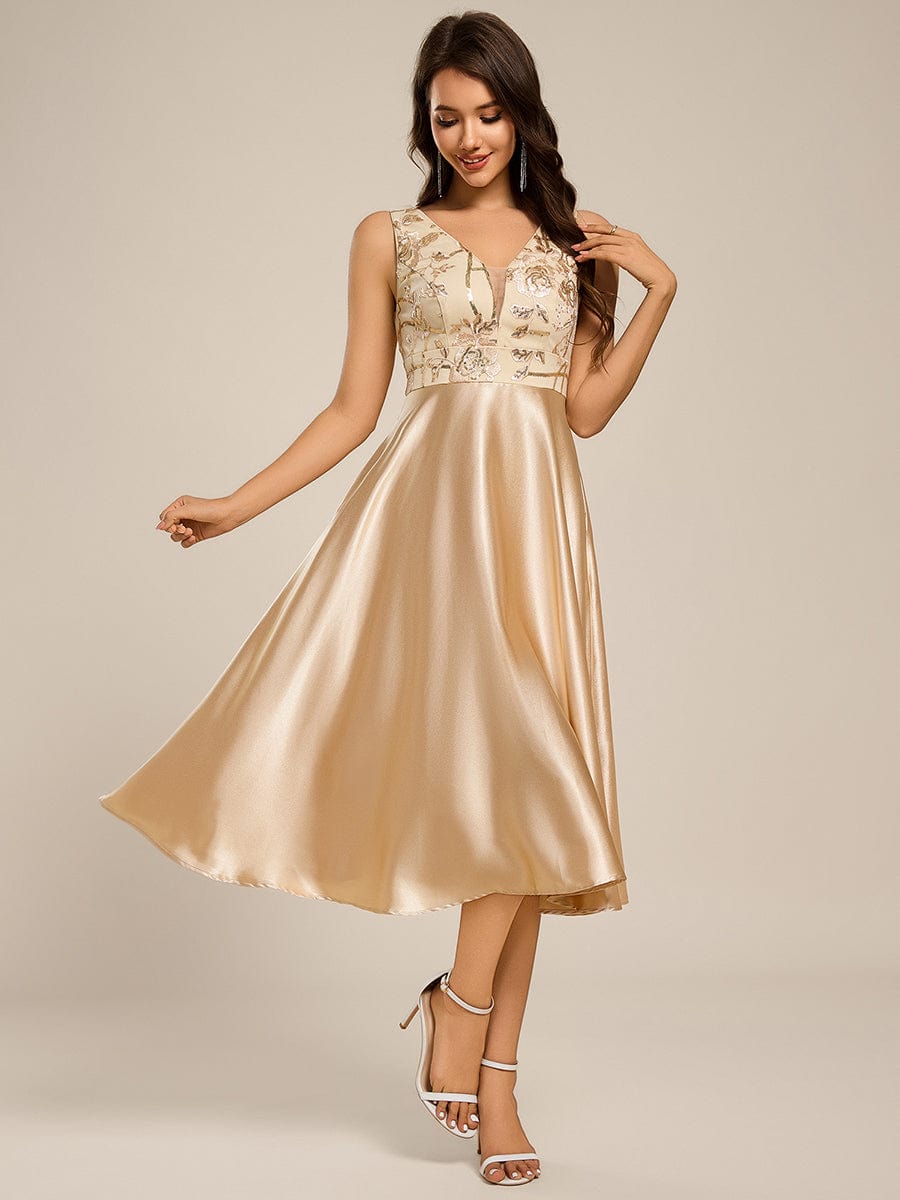 Sleeveles A-Line Midi Satin Wedding Guest Dress with Pockets #color_Champagne