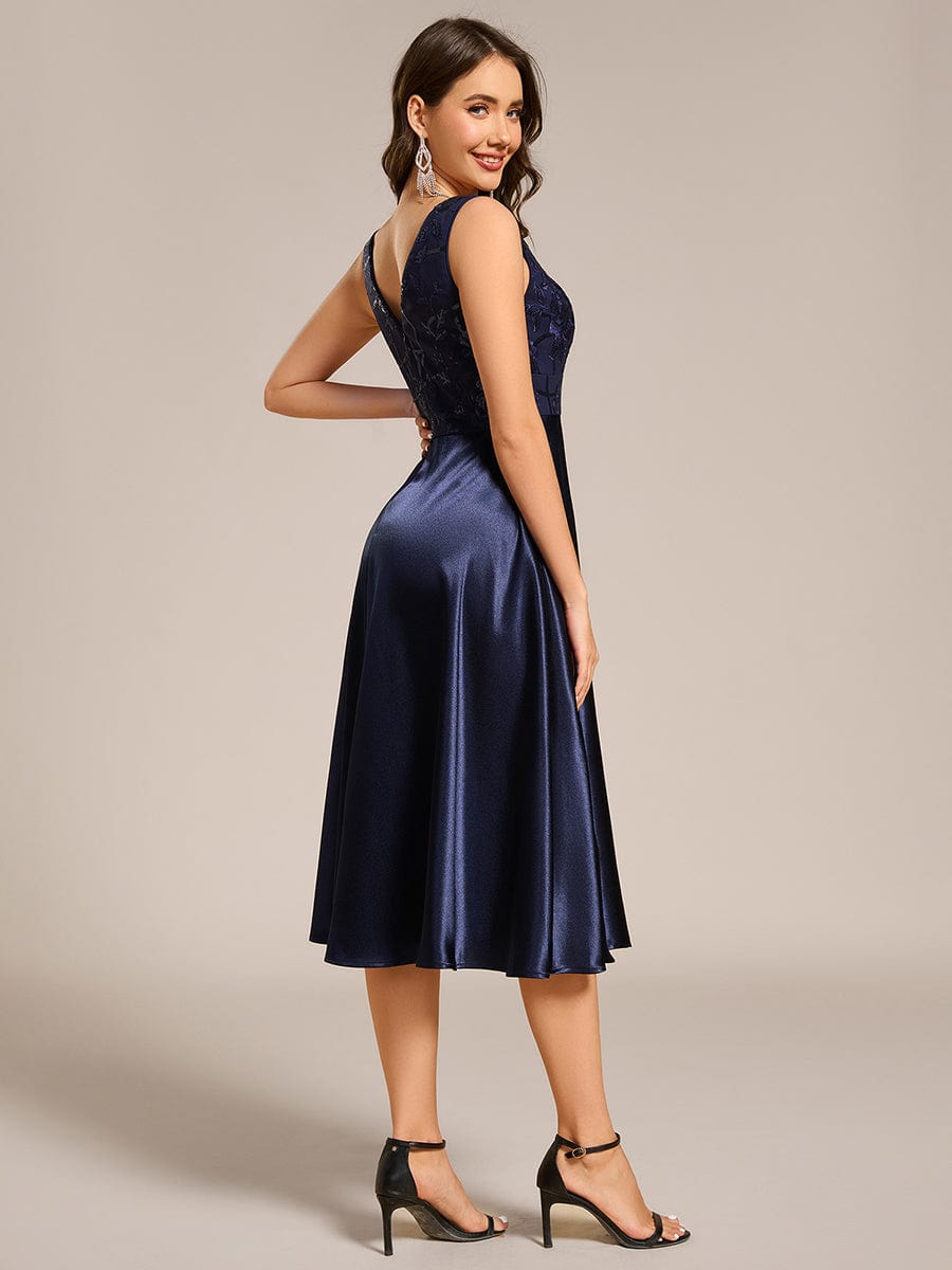 Sleeveles A-Line Midi Satin Wedding Guest Dress with Pockets #color_Navy Blue