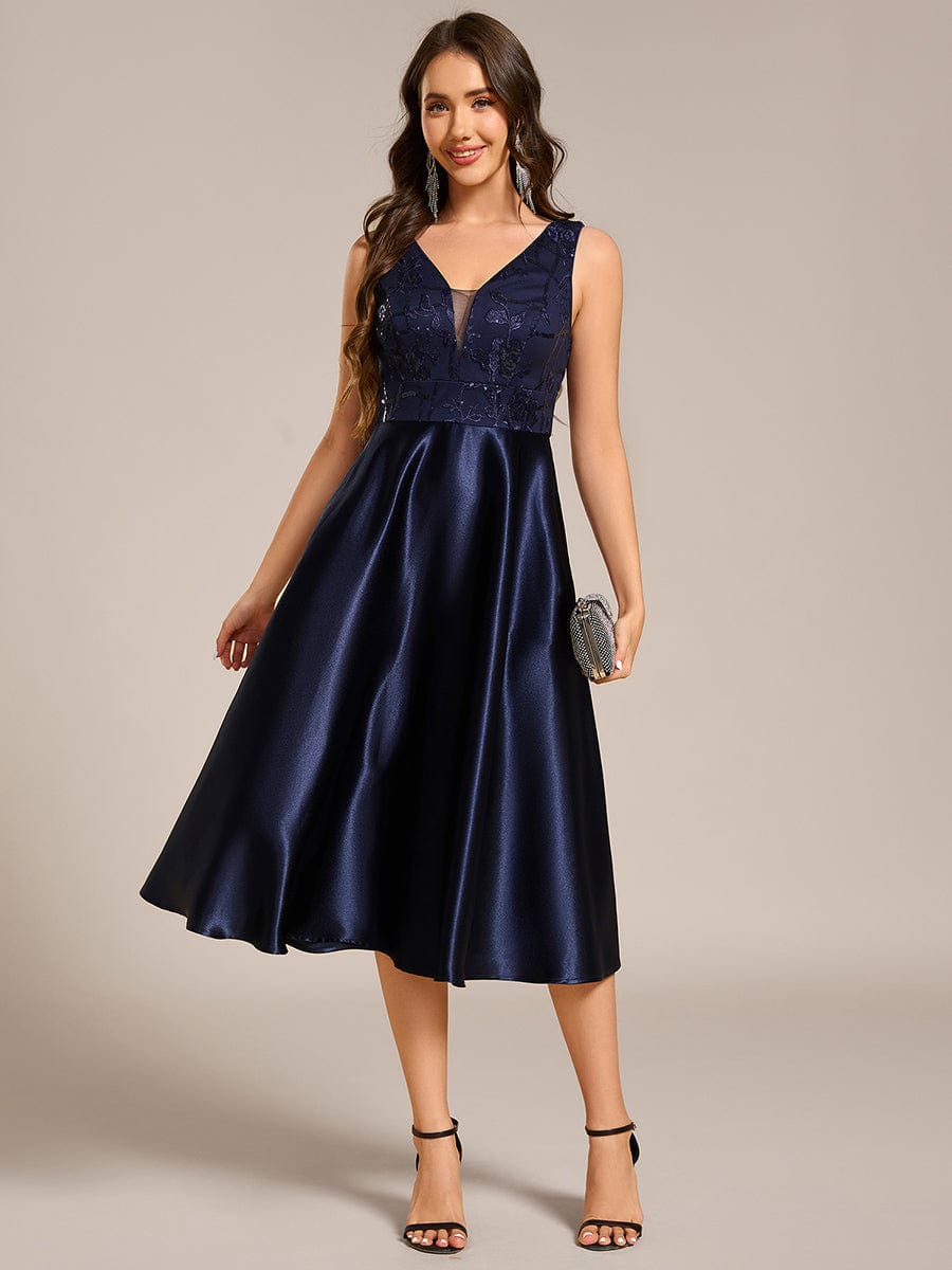 Sleeveles A-Line Midi Satin Wedding Guest Dress with Pockets #color_Navy Blue