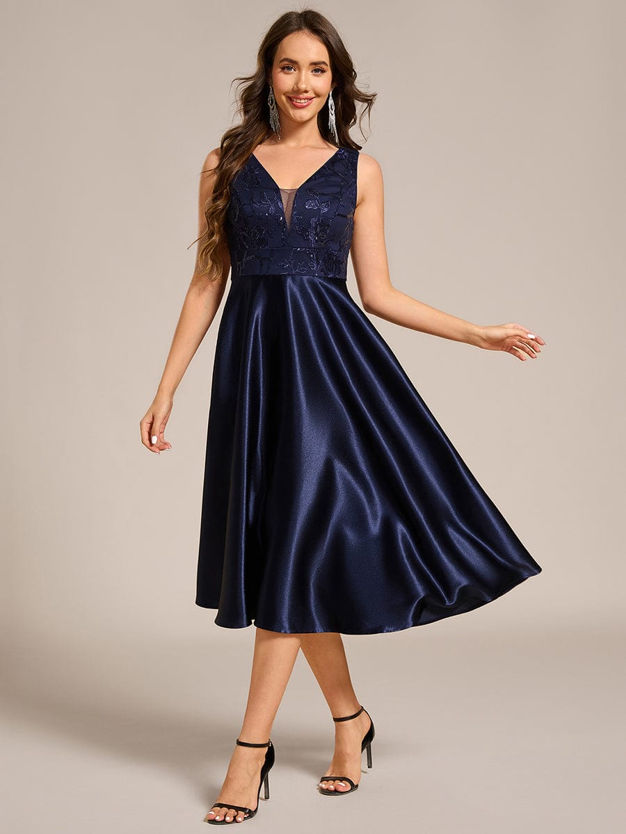 Sleeveles A-Line Midi Satin Wedding Guest Dress with Pockets #color_Navy Blue