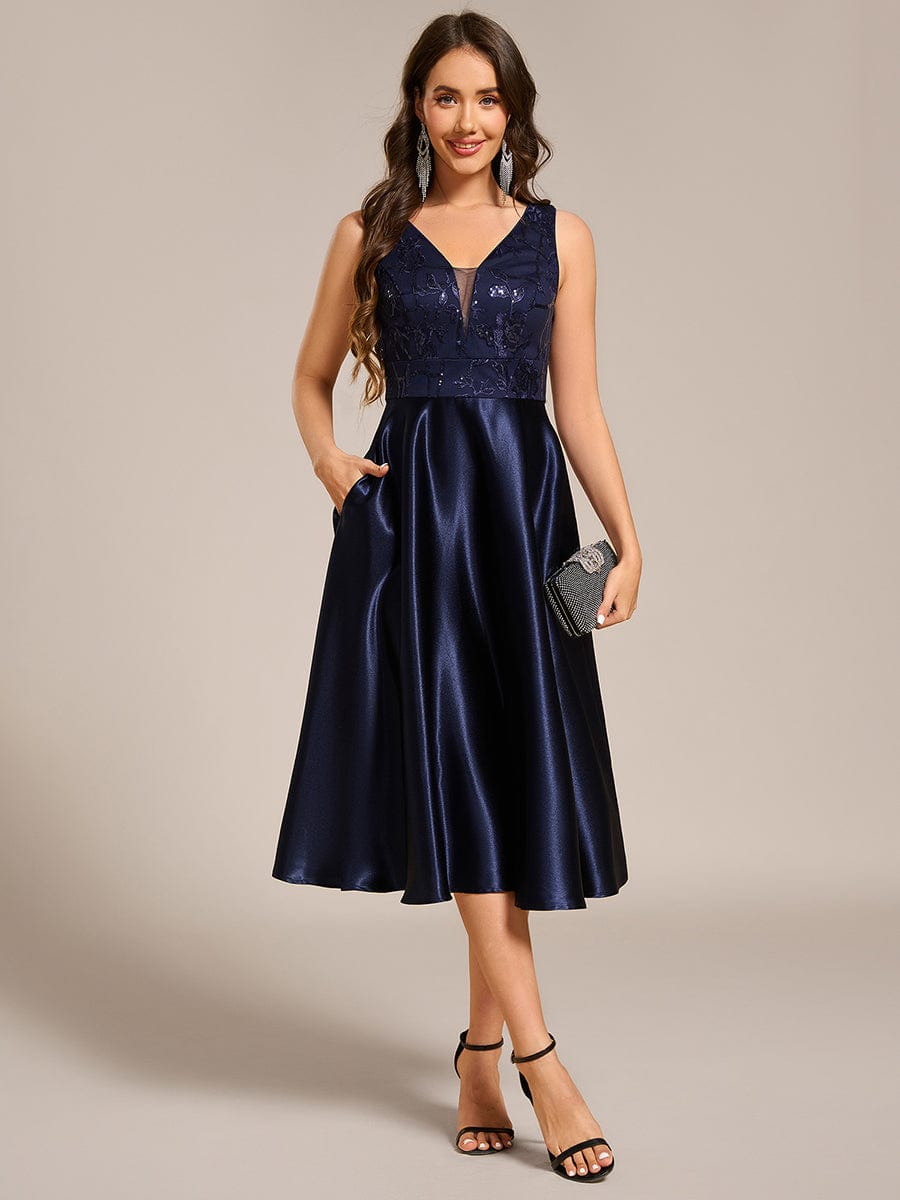 Sleeveles A-Line Midi Satin Wedding Guest Dress with Pockets #color_Navy Blue