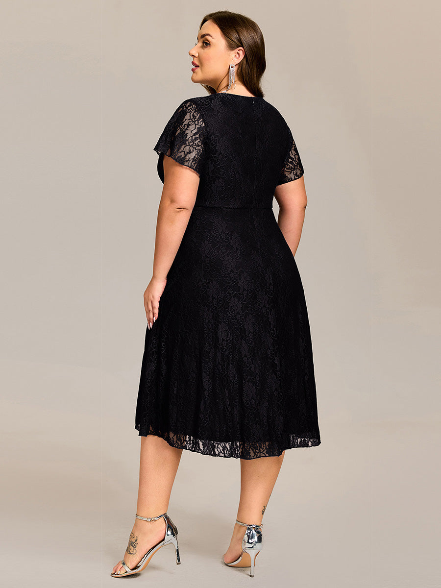 Plus Size Short Sleeve V-Neck A-Line Lace Midi Wedding Guest Dress #color_Black