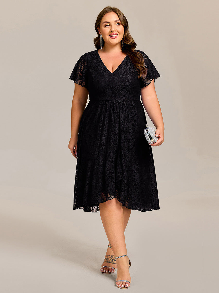 Plus Size Short Sleeve V-Neck A-Line Lace Midi Wedding Guest Dress #color_Black