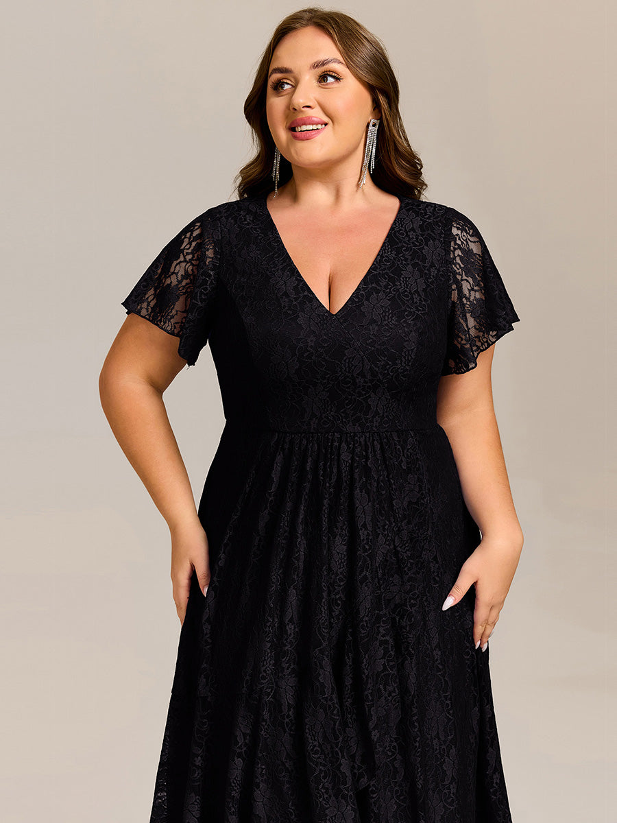 Plus Size Short Sleeve V-Neck A-Line Lace Midi Wedding Guest Dress #color_Black