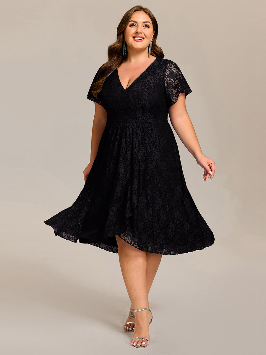 Plus Size Short Sleeve V-Neck A-Line Lace Midi Wedding Guest Dress #color_Black