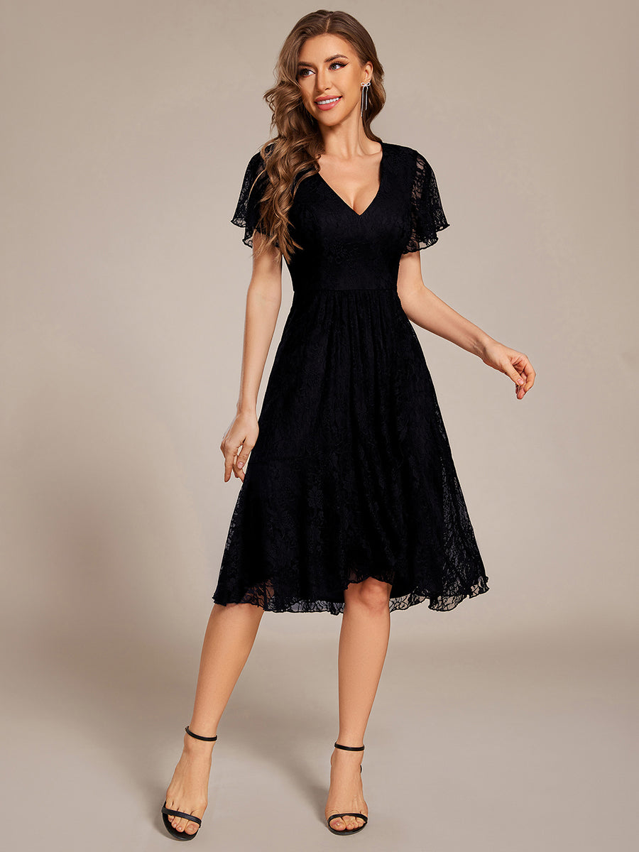 Ruffled Short Sleeves V-Neck A-Line Midi Wedding Guest Dress #color_Black