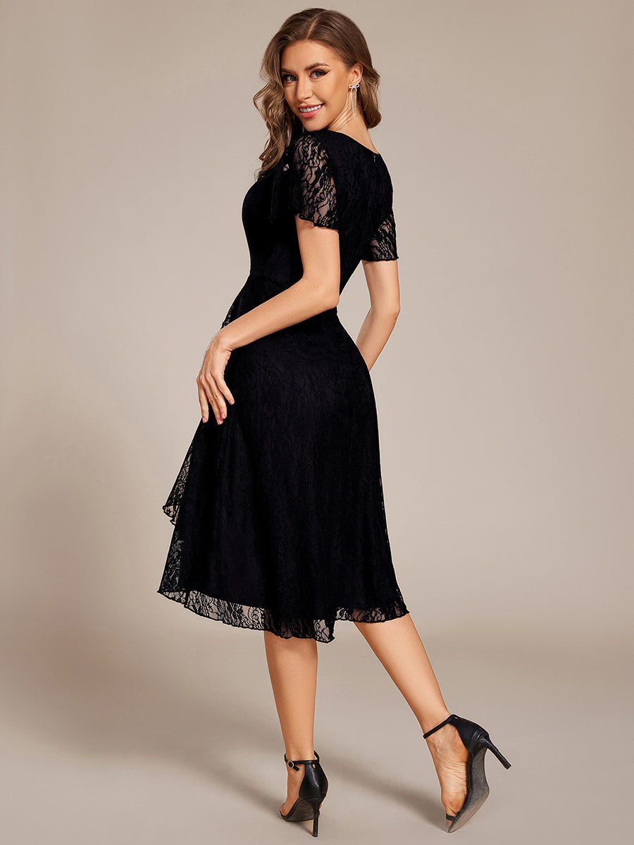 Ruffled Short Sleeves V-Neck A-Line Midi Wedding Guest Dress #color_Black