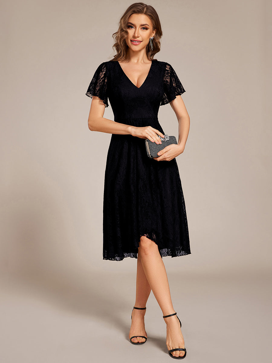 Ruffled Short Sleeves V-Neck A-Line Midi Wedding Guest Dress #color_Black