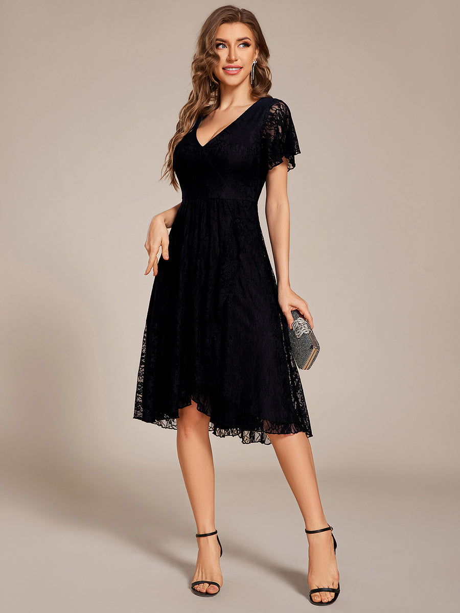 Ruffled Short Sleeves V-Neck A-Line Midi Wedding Guest Dress #color_Black