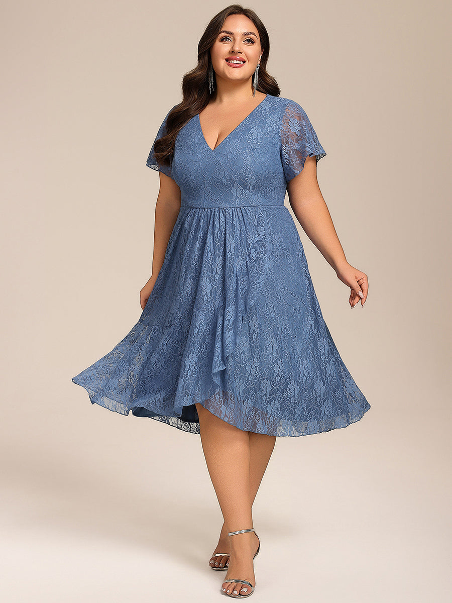 Ruffled Short Sleeves V-Neck A-Line Midi Wedding Guest Dress #color_Dusty Blue