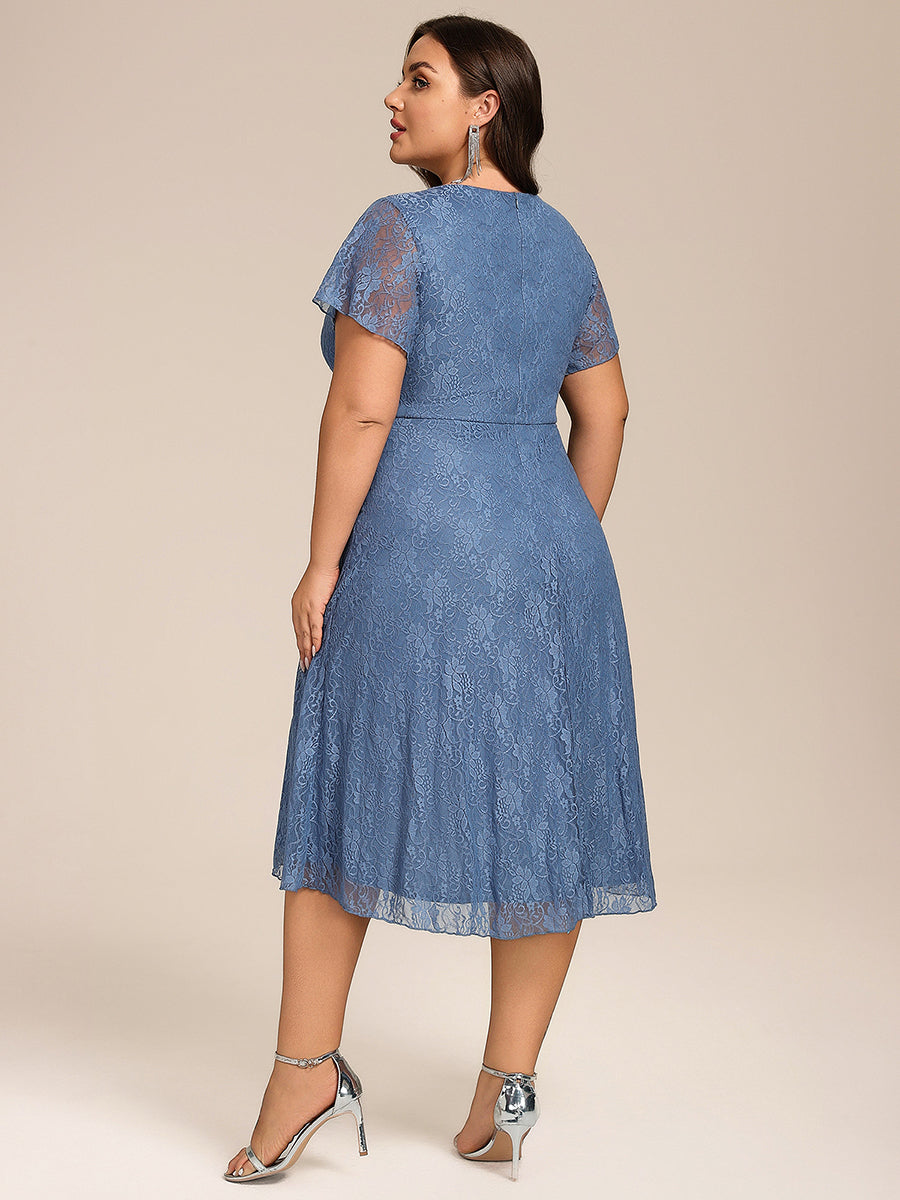 Ruffled Short Sleeves V-Neck A-Line Midi Wedding Guest Dress #color_Dusty Blue