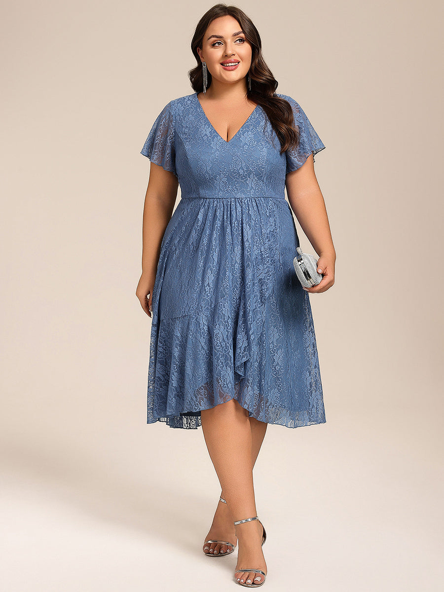 Plus Size Short Sleeve V-Neck A-Line Lace Midi Wedding Guest Dress #color_Dusty Blue