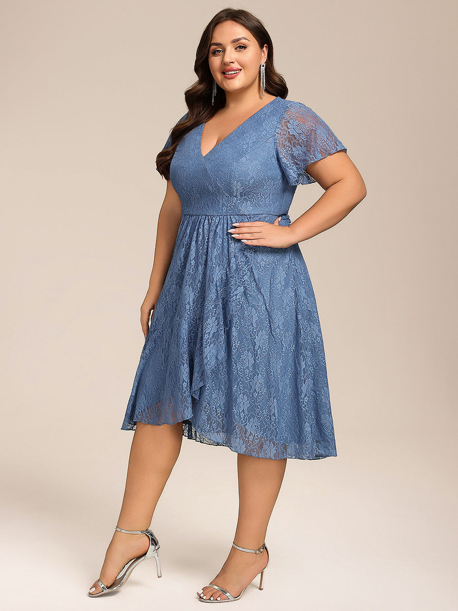 Plus Size Short Sleeve V-Neck A-Line Lace Midi Wedding Guest Dress #color_Dusty Blue