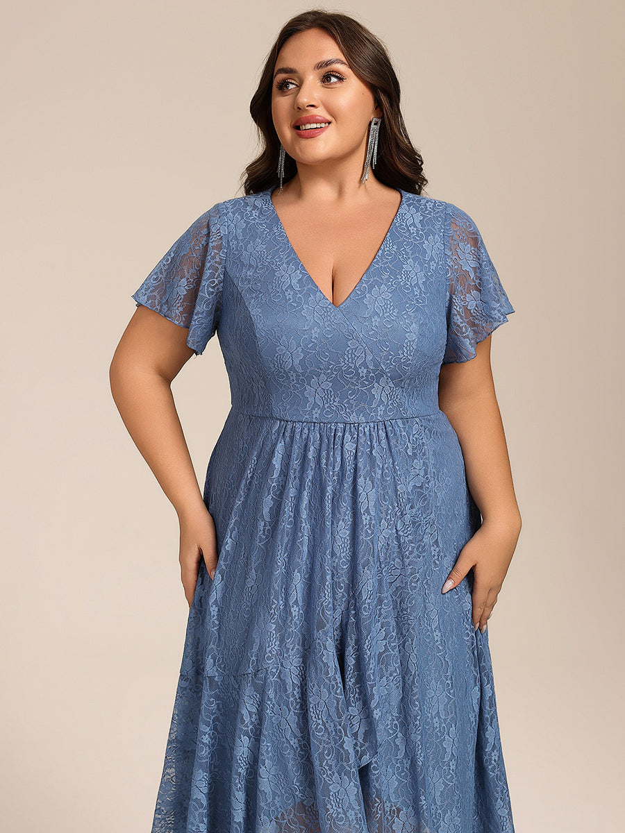 Plus Size Short Sleeve V-Neck A-Line Lace Midi Wedding Guest Dress #color_Dusty Blue