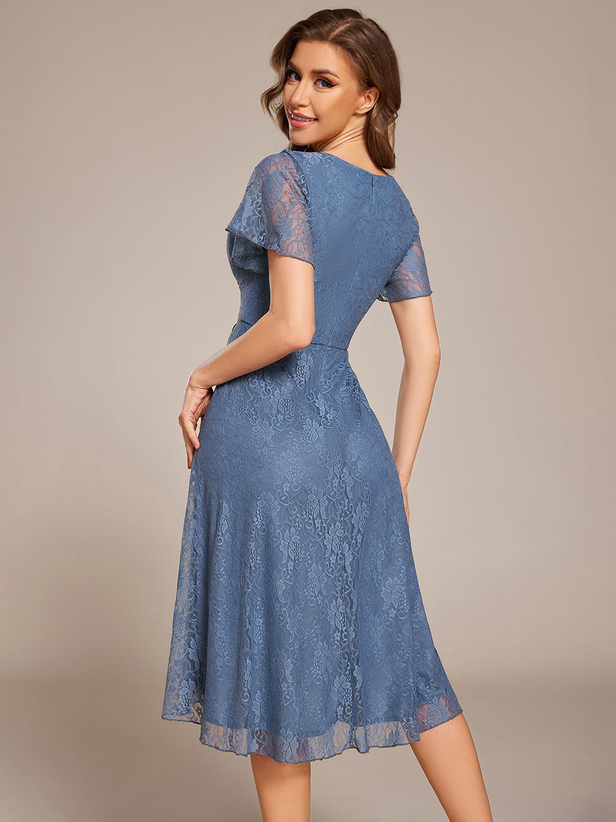 Ruffled Short Sleeves V-Neck A-Line Midi Wedding Guest Dress #color_Dusty Blue