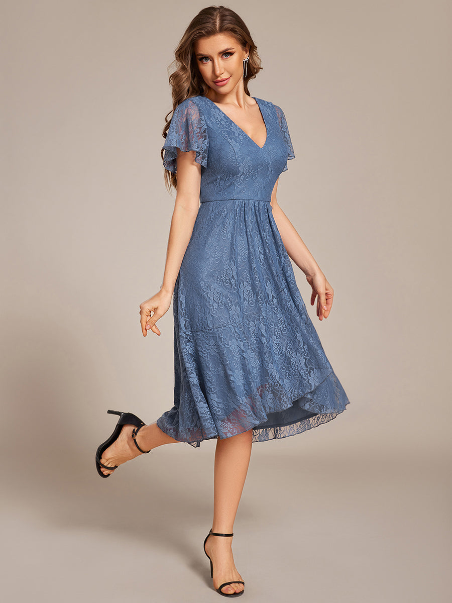 Ruffled Short Sleeves V-Neck A-Line Midi Wedding Guest Dress #color_Dusty Blue