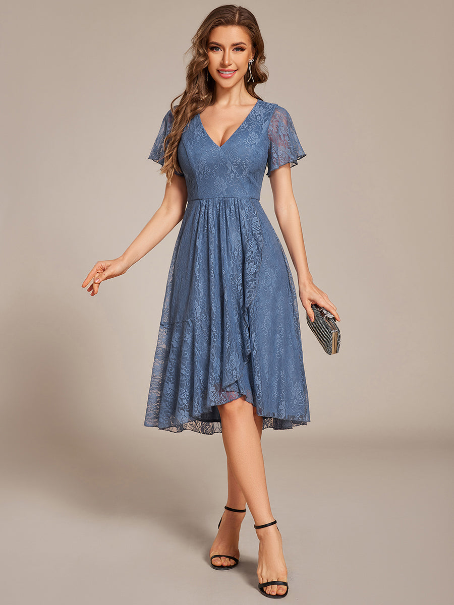 Ruffled Short Sleeves V-Neck A-Line Midi Wedding Guest Dress #color_Dusty Blue