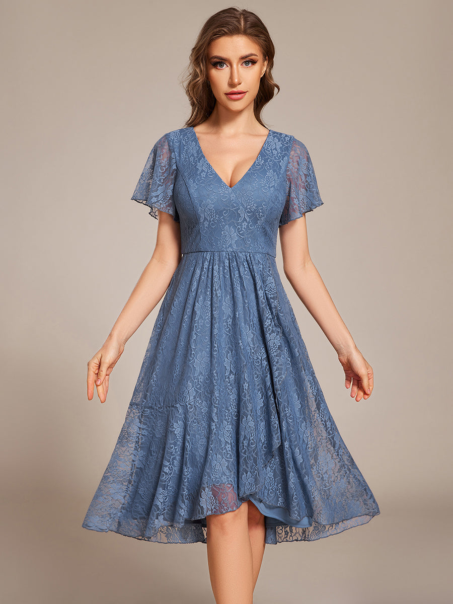 Ruffled Short Sleeves V-Neck A-Line Midi Wedding Guest Dress #color_Dusty Blue