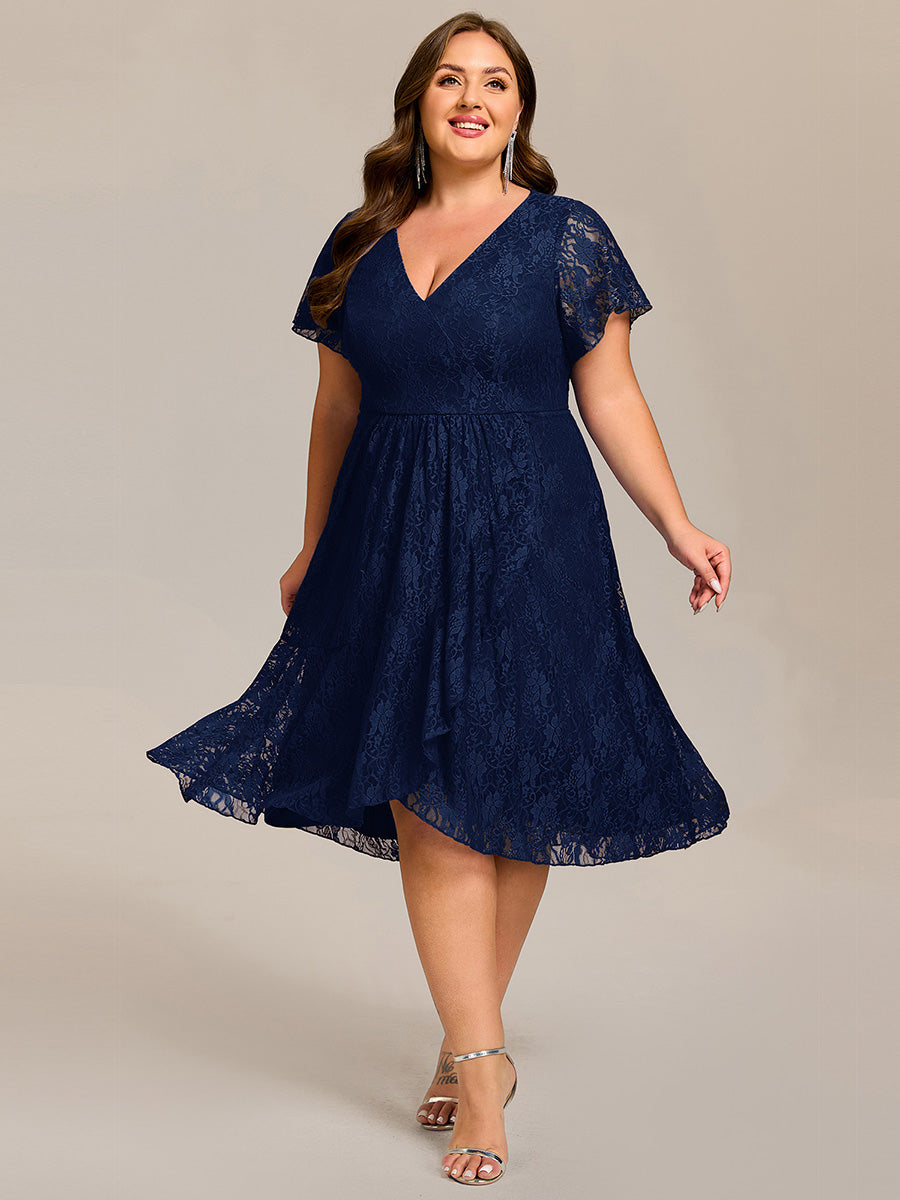 Ruffled Short Sleeves V-Neck A-Line Midi Wedding Guest Dress #color_Navy Blue