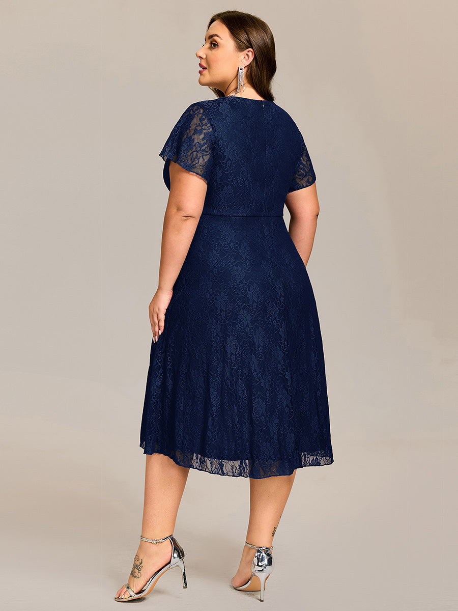 Ruffled Short Sleeves V-Neck A-Line Midi Wedding Guest Dress #color_Navy Blue