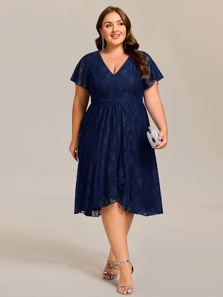 Ruffled Short Sleeves V-Neck A-Line Midi Wedding Guest Dress #color_Navy Blue