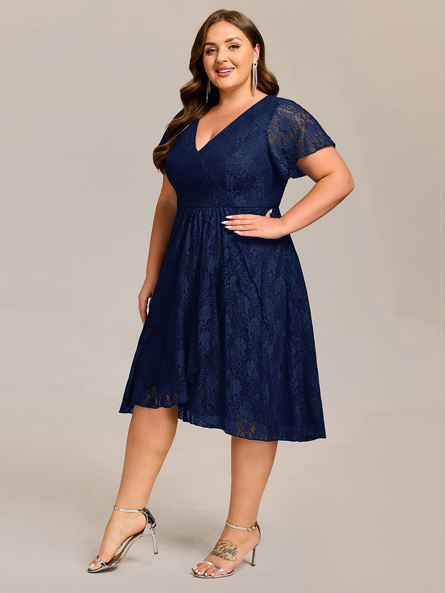 Ruffled Short Sleeves V-Neck A-Line Midi Wedding Guest Dress #color_Navy Blue