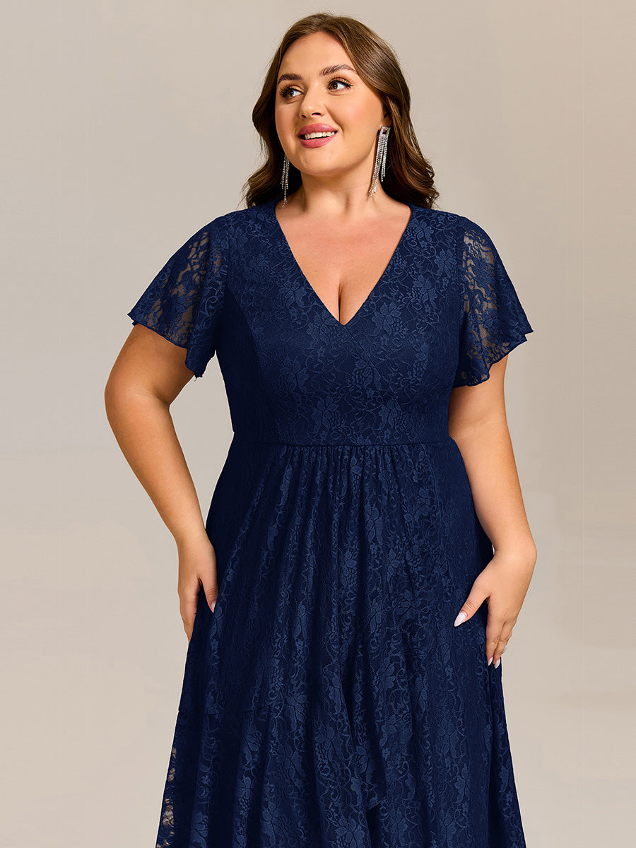 Ruffled Short Sleeves V-Neck A-Line Midi Wedding Guest Dress #color_Navy Blue