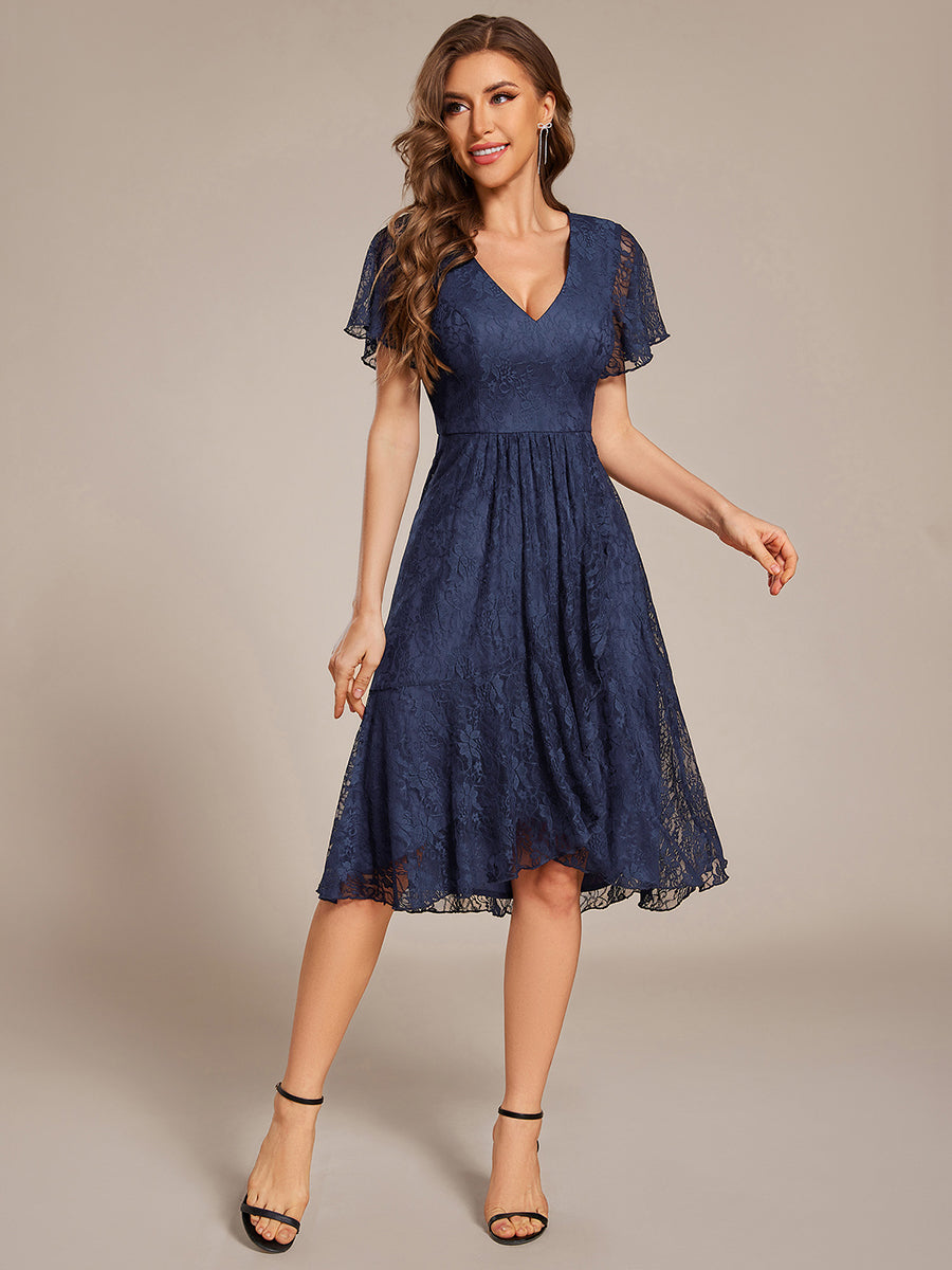 Ruffled Short Sleeves V-Neck A-Line Midi Wedding Guest Dress #color_Navy Blue