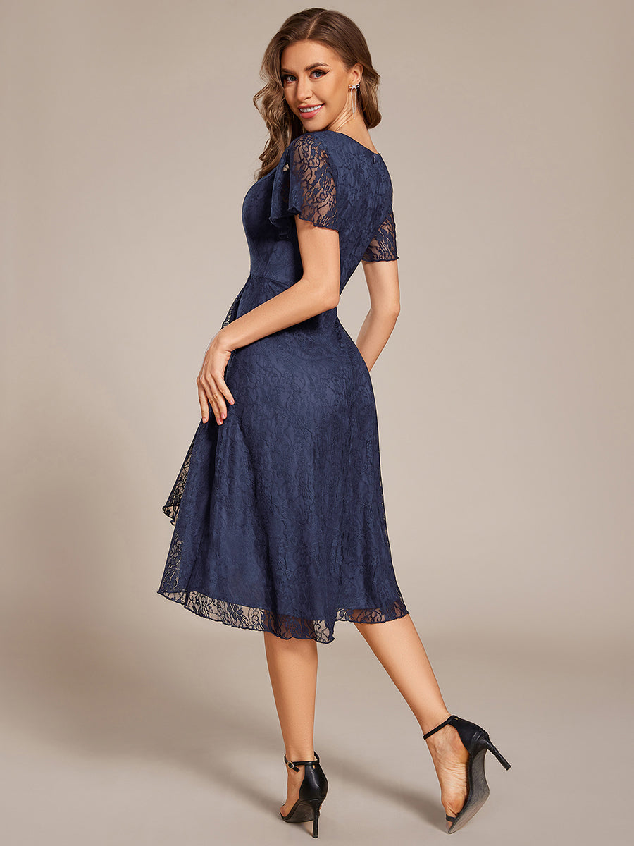 Ruffled Short Sleeves V-Neck A-Line Midi Wedding Guest Dress #color_Navy Blue