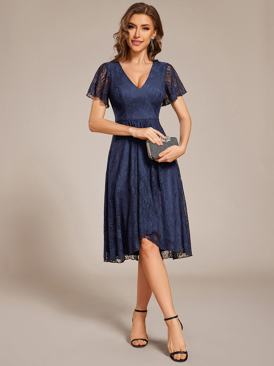 Ruffled Short Sleeves V-Neck A-Line Midi Wedding Guest Dress #color_Navy Blue