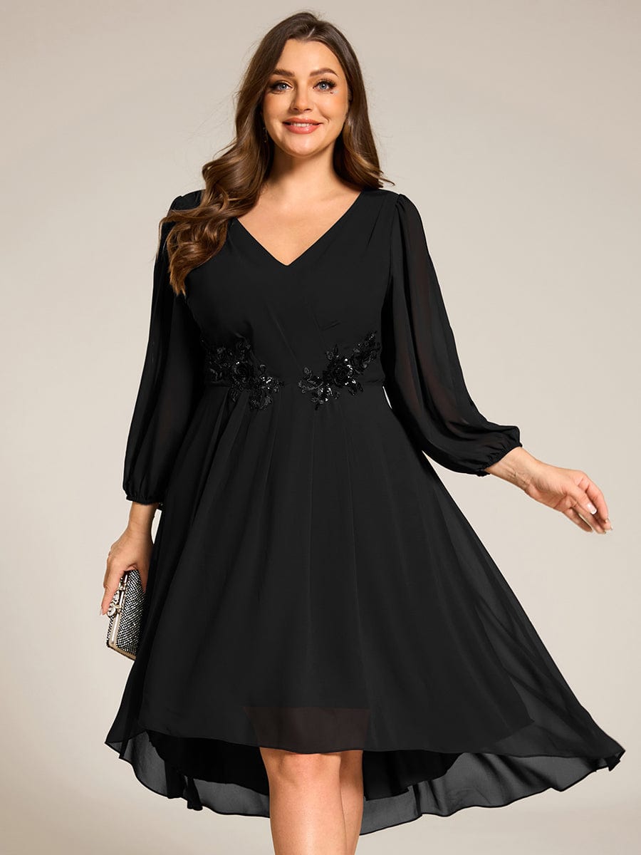 Long Sleeves Waist Applique A-Line Midi Chiffon Wedding Guest Dress #color_Black