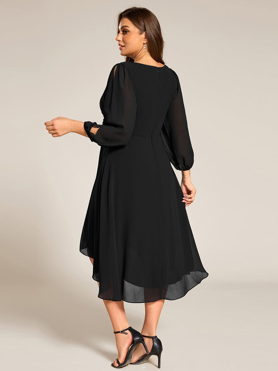 Long Sleeves Waist Applique A-Line Midi Chiffon Wedding Guest Dress #color_Black