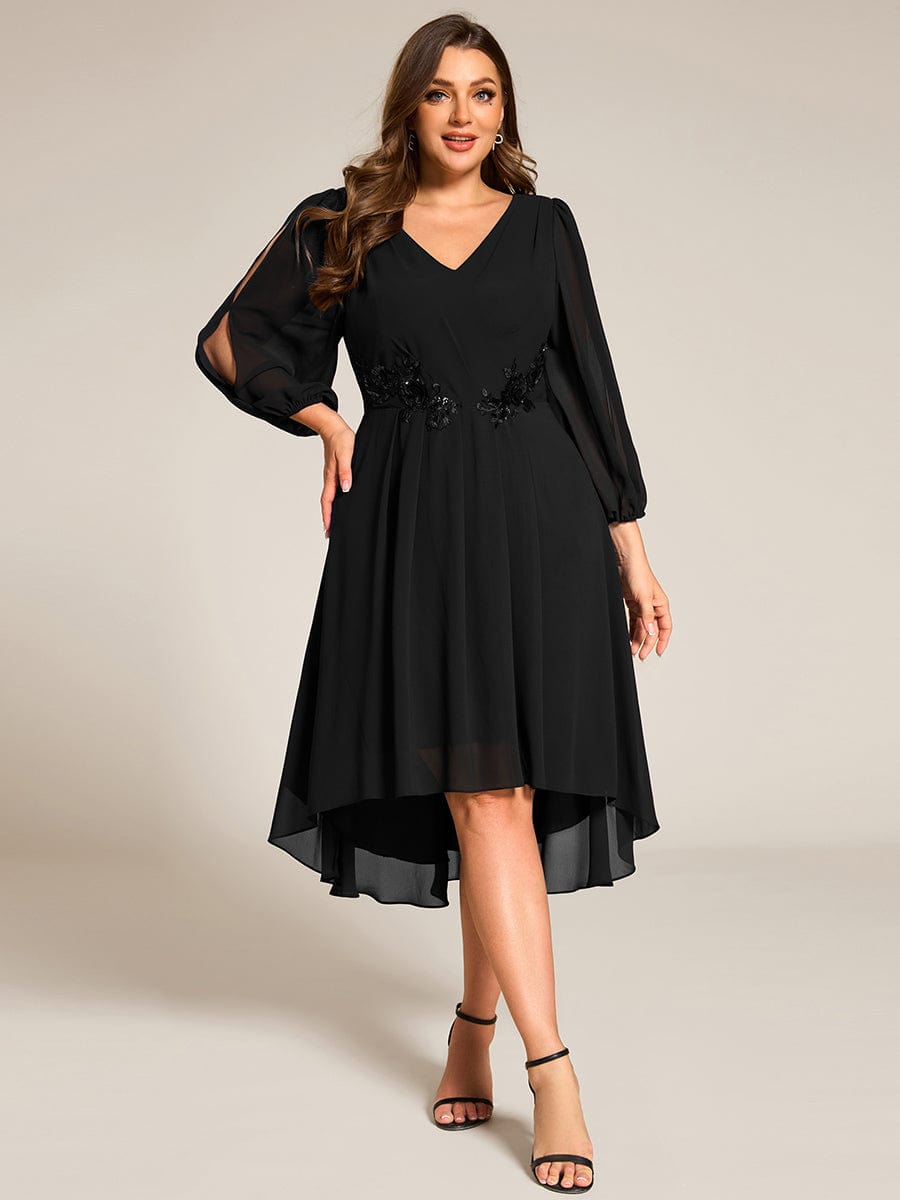 Long Sleeves Waist Applique A-Line Midi Chiffon Wedding Guest Dress #color_Black