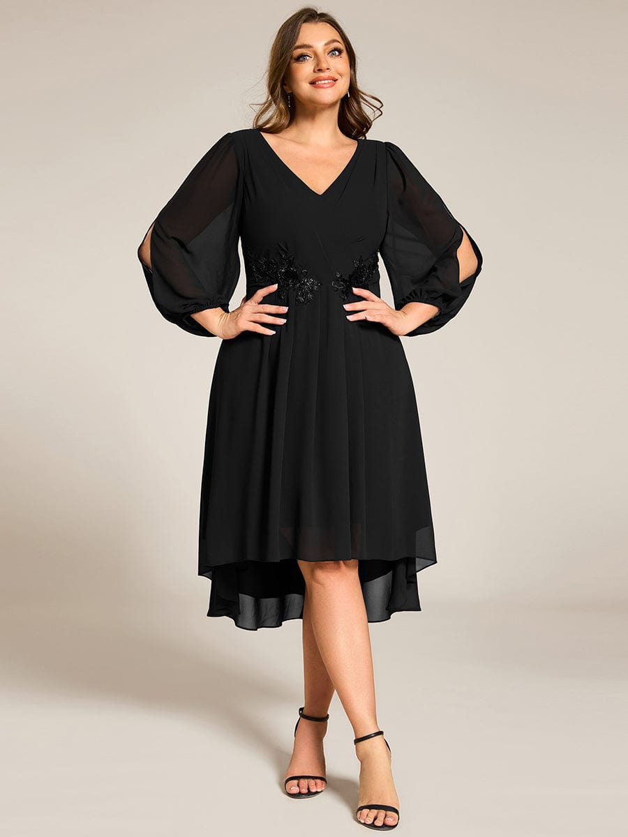 Long Sleeves Waist Applique A-Line Midi Chiffon Wedding Guest Dress #color_Black