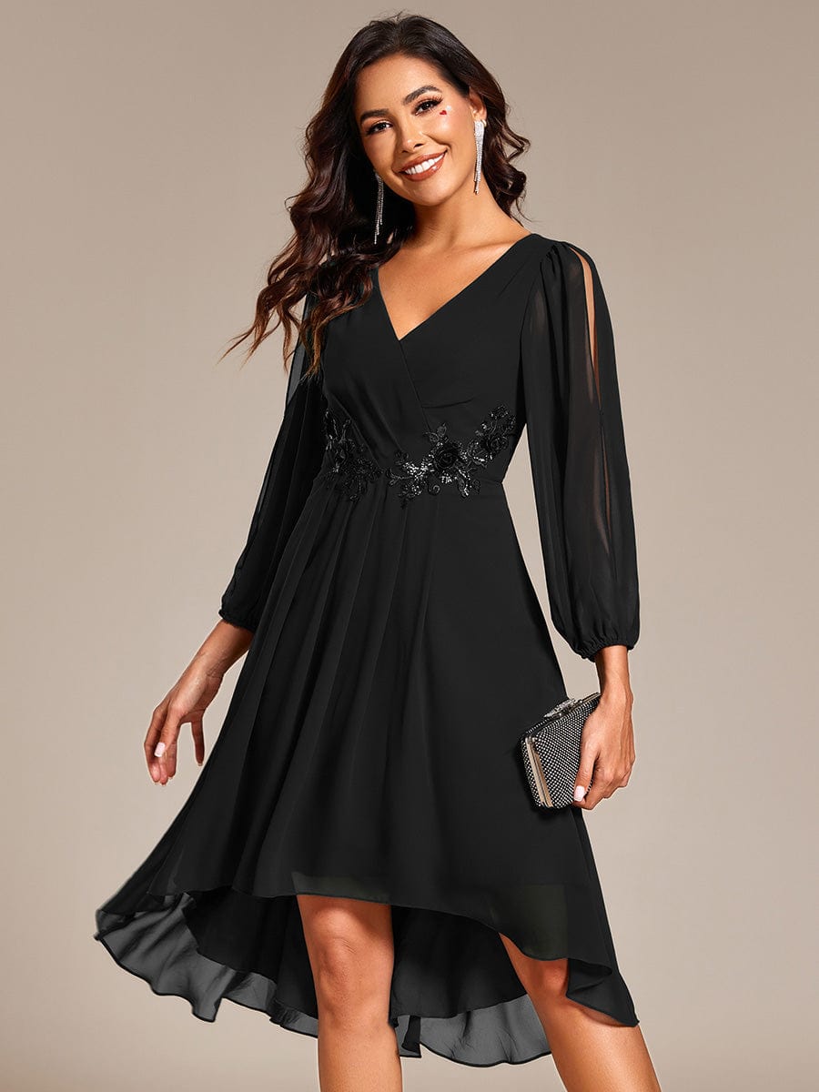 Long Sleeves Waist Applique A-Line Midi Chiffon Wedding Guest Dress #color_Black