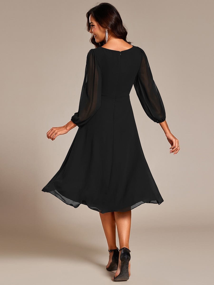 Long Sleeves Waist Applique A-Line Midi Chiffon Wedding Guest Dress #color_Black