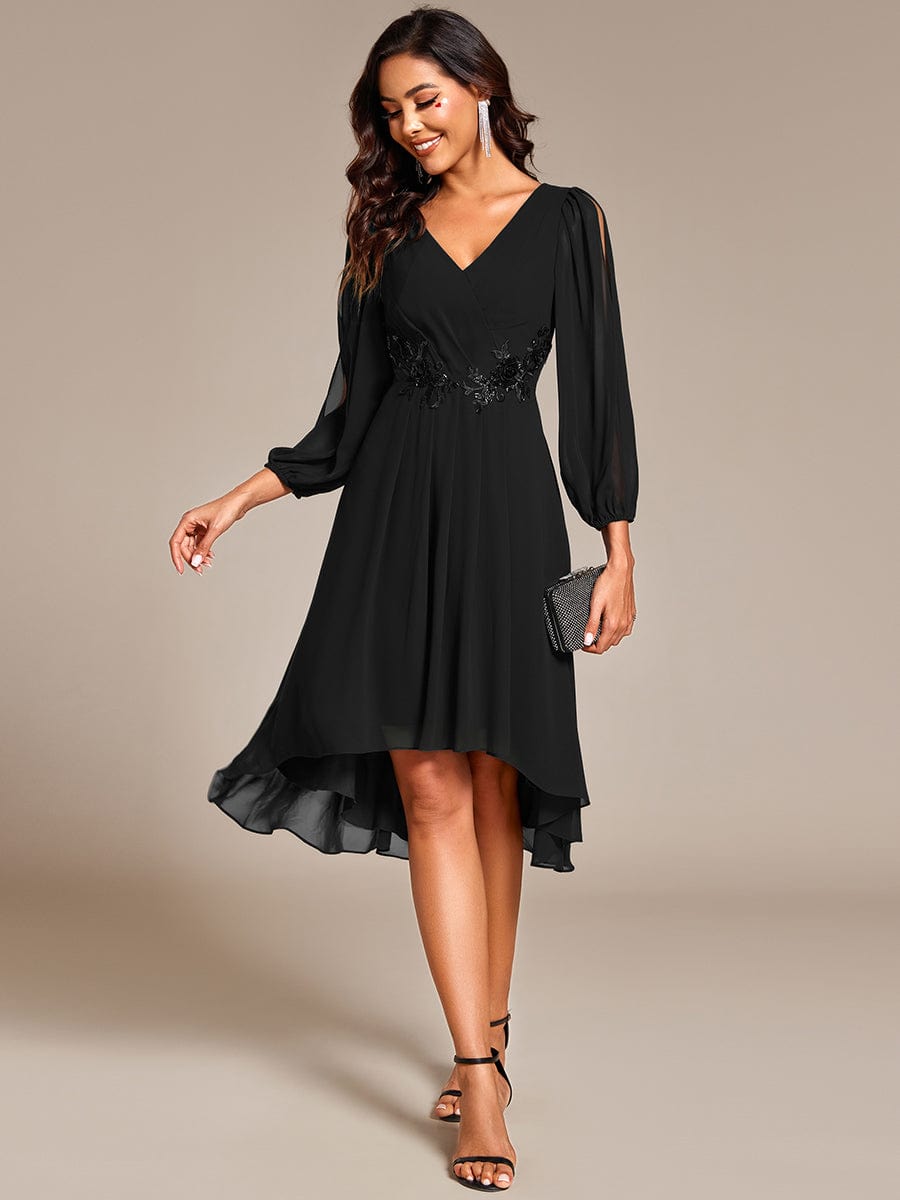 Long Sleeves Waist Applique A-Line Midi Chiffon Wedding Guest Dress #color_Black