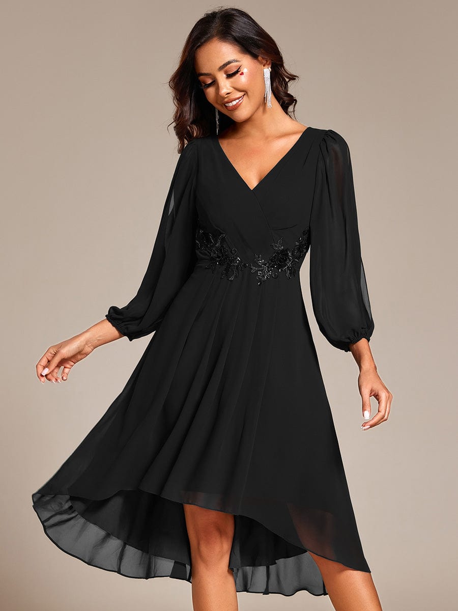 Long Sleeves Waist Applique A-Line Midi Chiffon Wedding Guest Dress #color_Black