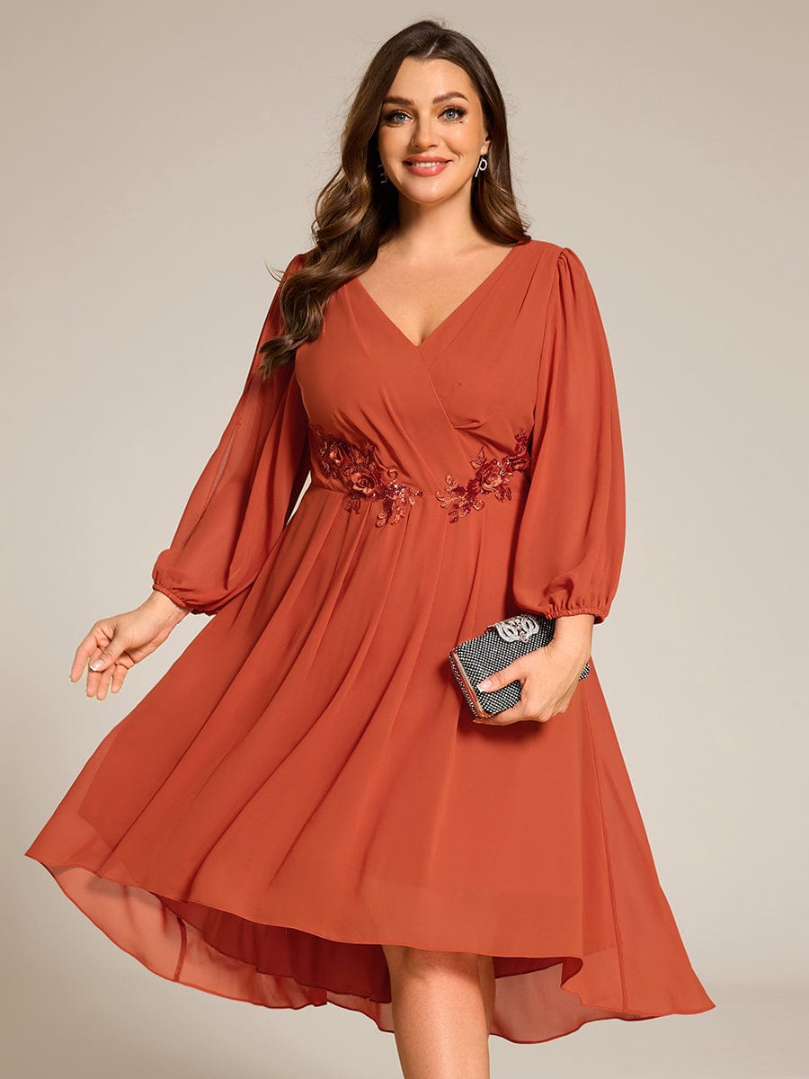 Long Sleeves Waist Applique A-Line Midi Chiffon Wedding Guest Dress #color_Burnt Orange