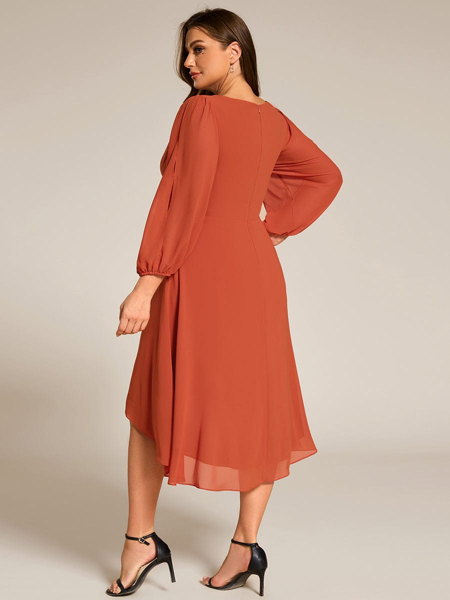 Long Sleeves Waist Applique A-Line Midi Chiffon Wedding Guest Dress #color_Burnt Orange