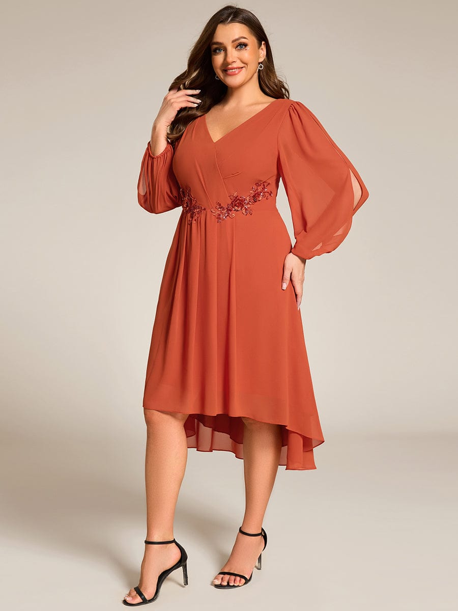 Long Sleeves Waist Applique A-Line Midi Chiffon Wedding Guest Dress #color_Burnt Orange