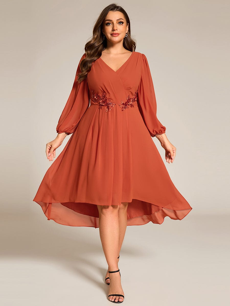 Long Sleeves Waist Applique A-Line Midi Chiffon Wedding Guest Dress #color_Burnt Orange