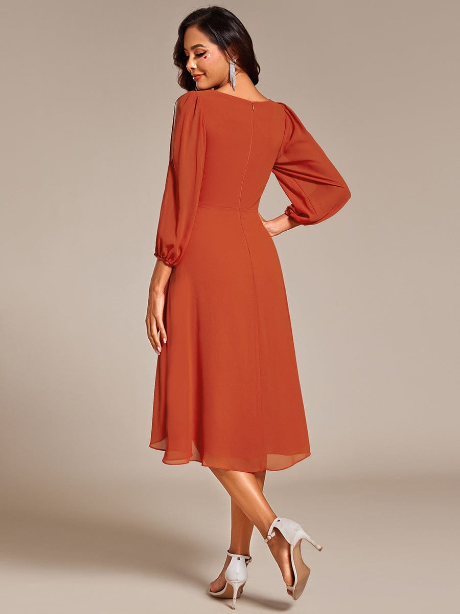 Long Sleeves Waist Applique A-Line Midi Chiffon Wedding Guest Dress #color_Burnt Orange