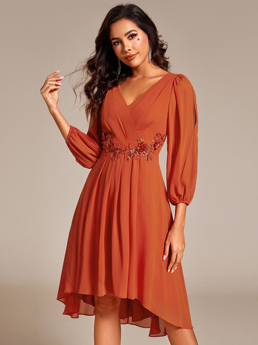 Long Sleeves Waist Applique A-Line Midi Chiffon Wedding Guest Dress #color_Burnt Orange