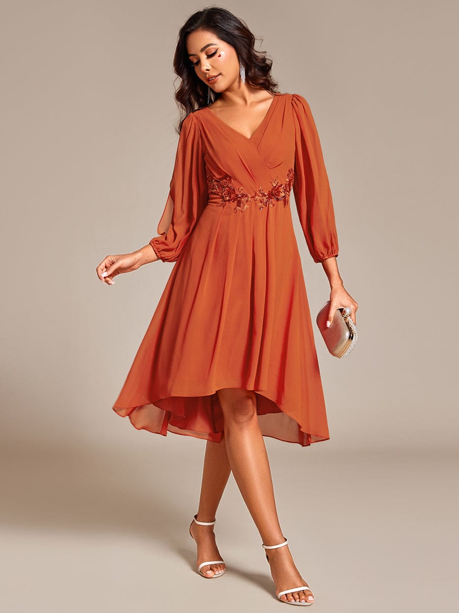 Long Sleeves Waist Applique A-Line Midi Chiffon Wedding Guest Dress #color_Burnt Orange