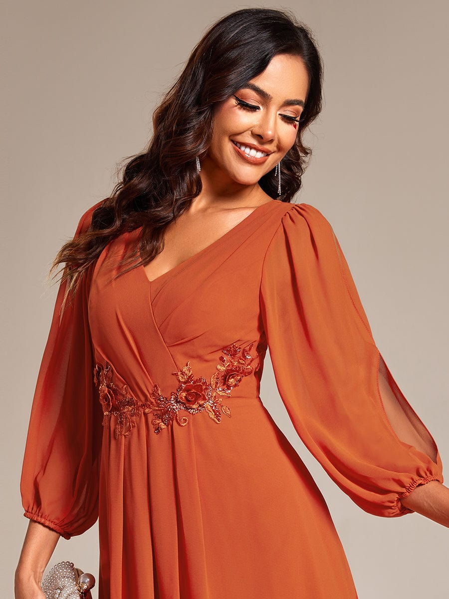 Long Sleeves Waist Applique A-Line Midi Chiffon Wedding Guest Dress #color_Burnt Orange