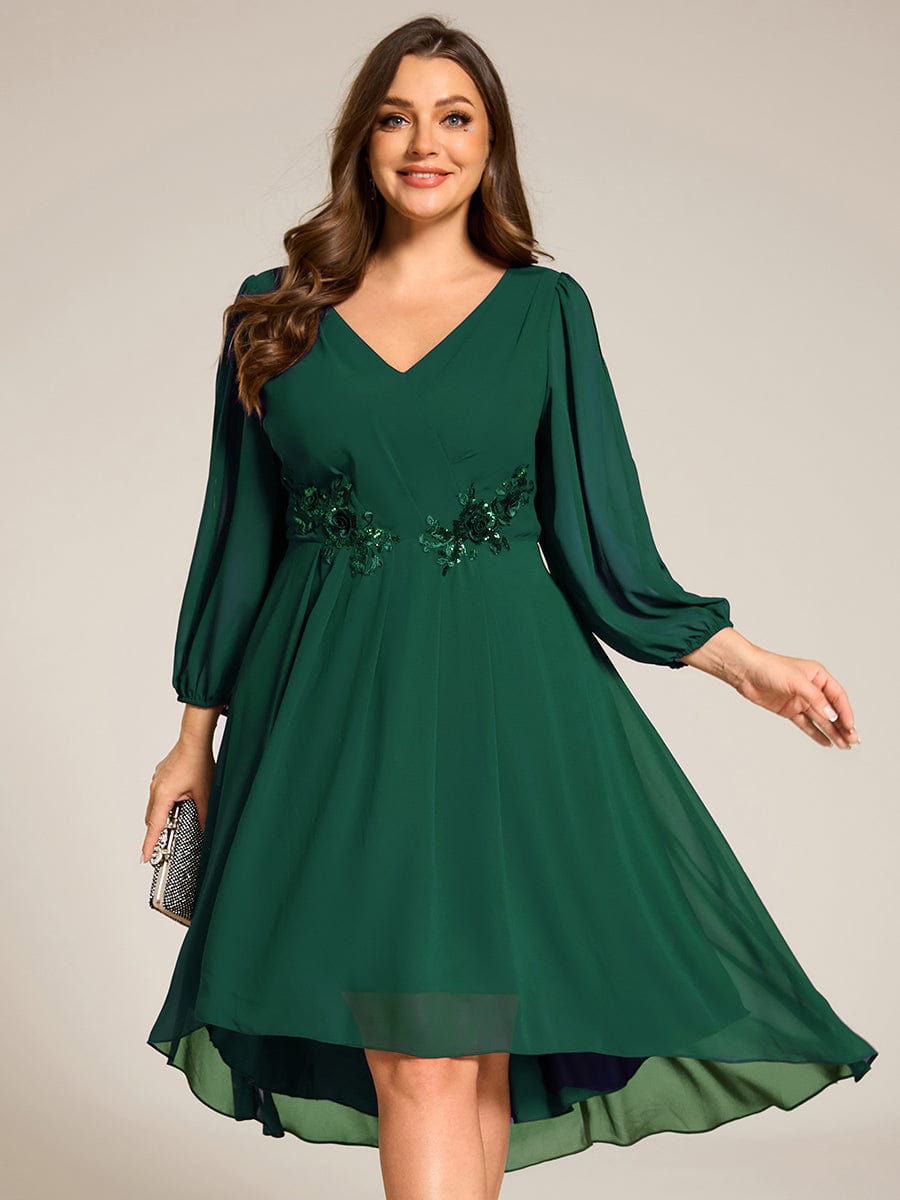 Long Sleeves Waist Applique A-Line Midi Chiffon Wedding Guest Dress #color_Dark Green